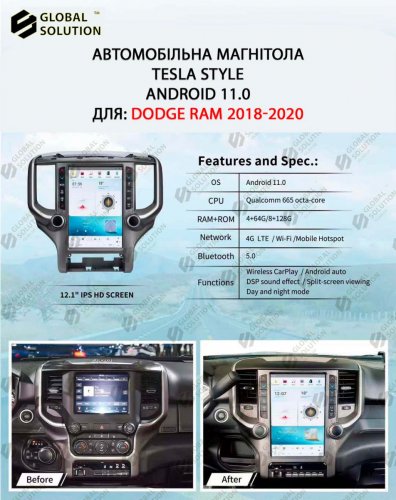 Tesla style магнитола для Dodge Ram 2018-2020