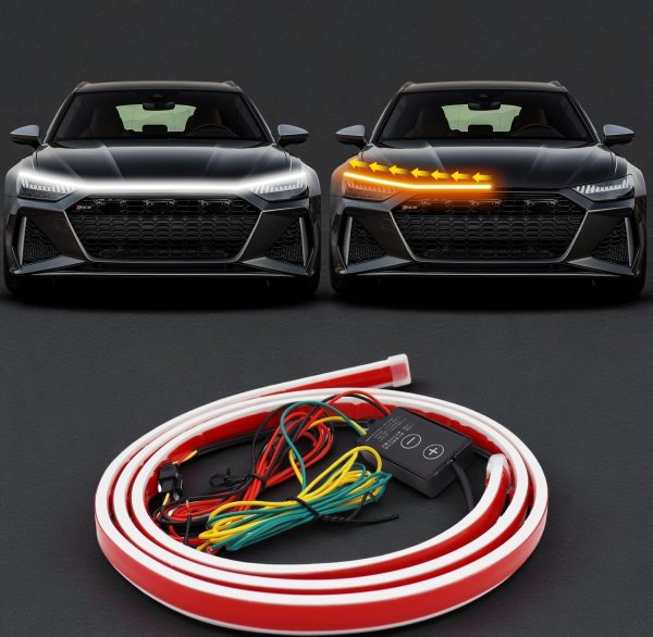 LED Стрічка 3-в-1 на Капот 1.2м: ДХО, Білий Стробоскоп, Динамічний Поворот