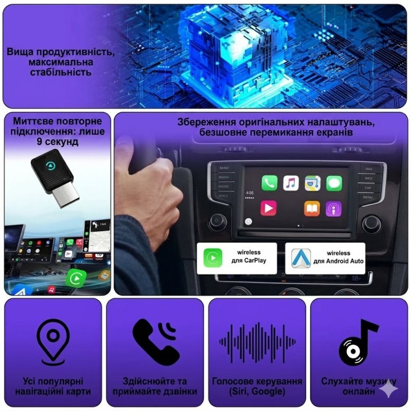 Бездротовий адаптер CarPlay / Android Auto GS CP025 Mini Black — Bluetooth 5.3, Wi-Fi 6GHz
