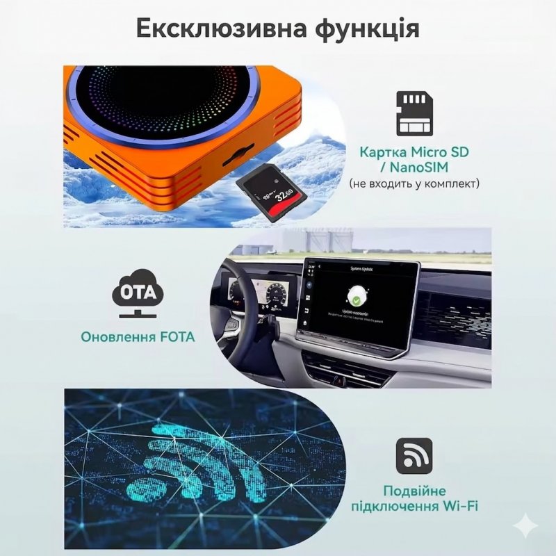 Мультимедійний адаптер 3-в-1 AI 015 Box — Бездротовий CarPlay / Android Auto з підтримкою YouTube, Netflix, TikTok
