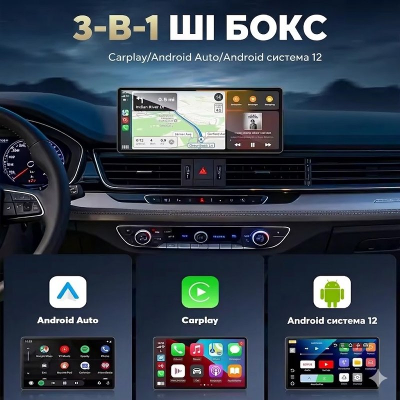 Мультимедійний адаптер 3-в-1 AI 015 Box — Бездротовий CarPlay / Android Auto з підтримкою YouTube, Netflix, TikTok

