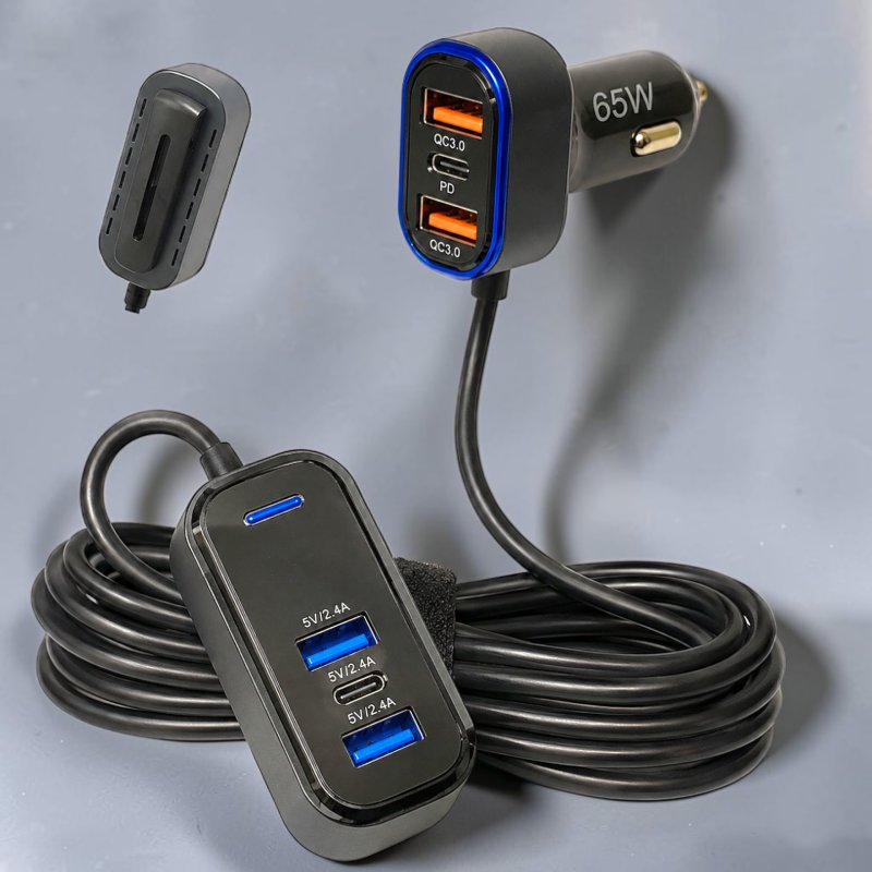 Автомобильное зарядное устройство 6 в 1 SC05 65.5W (4xUSB + 2xType-C PD/QC3.0) 12V-24V с выносным хабом