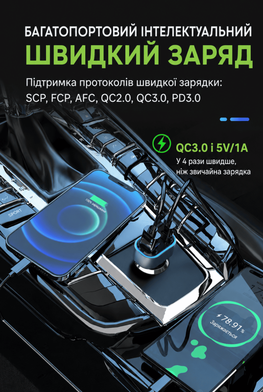 Автомобильное зарядное устройство 6 в 1 SC05 65.5W (4xUSB + 2xType-C PD/QC3.0) 12V-24V с выносным хабом